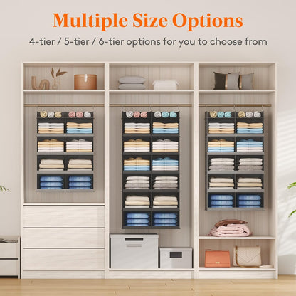 Lifewit Dual-Row Shelf Hanging Closet Organizer and Storage, Clothes Shelves with 3 Sturdy Hooks for Clothing Organization, Foldable Container Hold Up to 24 Sweaters, 4 Tier 8 Sections, Gray