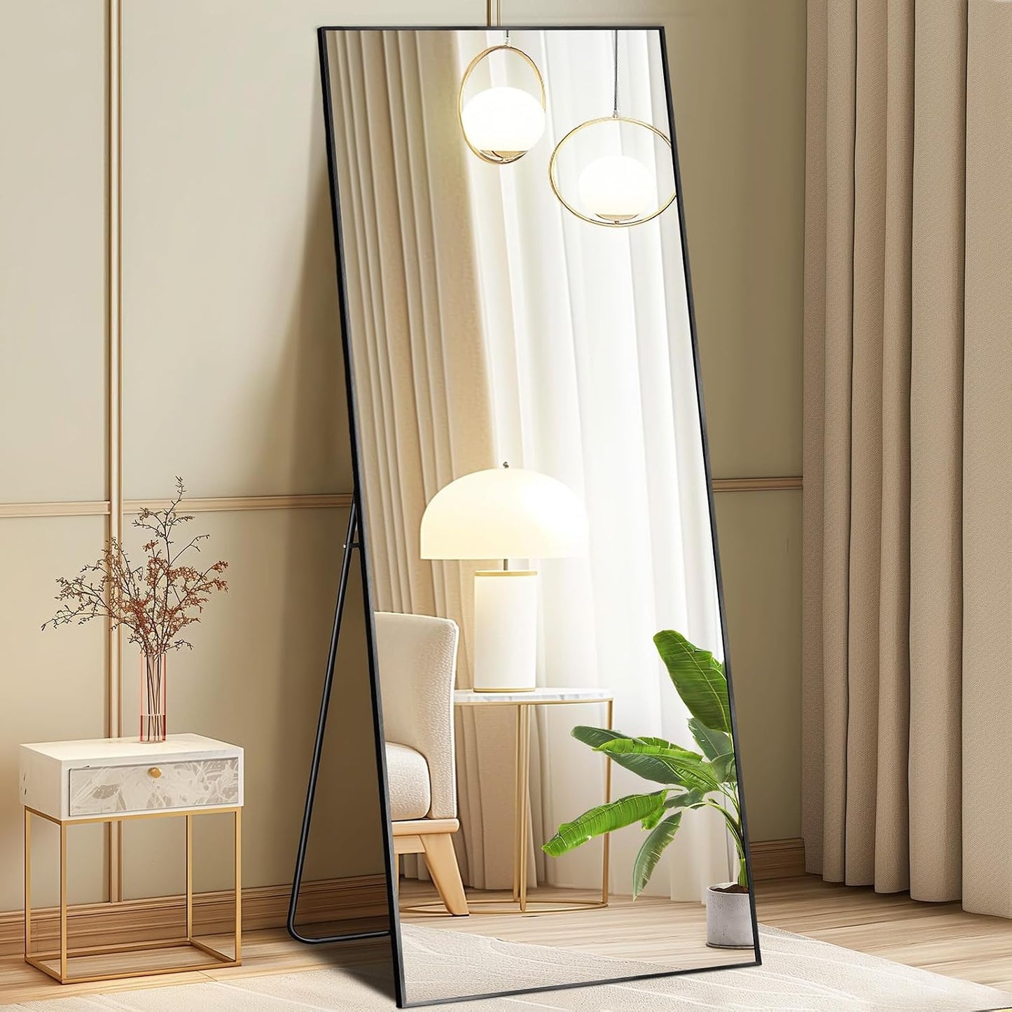 DUMOS 64"x21" Full Length Mirror, Full Body Mirror, Black | Aluminum Alloy Thin Frame, Leaning or Hanging, Suitable for Bedroom, Livingroom, Cloakroom