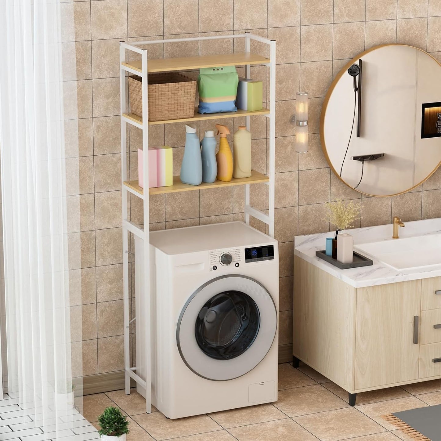 Over The Washer and Dryer Storage Shelf, 3-Tiers Laundry Room Shelf, Laundry Room Shelving Units, Washing Machine Storage,Laundry Room Storage and Organizer Standing Shelf White