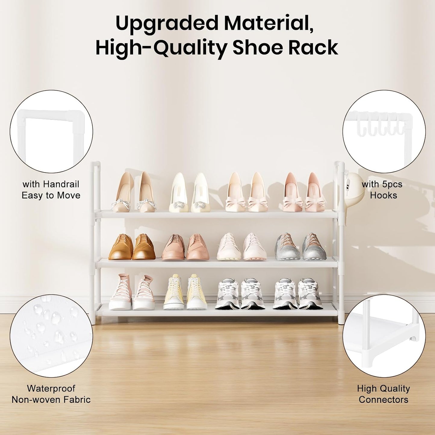 VILICK 5 Tier Shoe Rack with Hook and Side Pocket,Shoe Organizer Space Saver Storage for 20-25 Pair Shoe Storage Shelf Sturdy Free Standing Long Shoe Rack Organizer for Closet,Entryway,Small Spaces