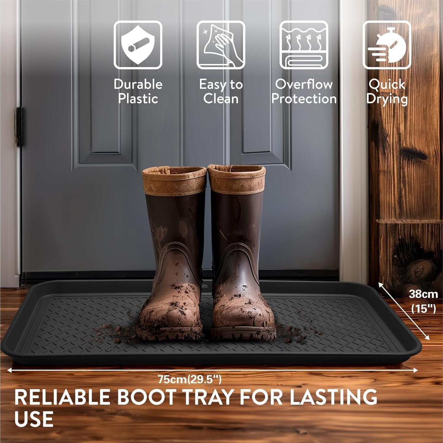 All-Weather Indoor Outdoor Boot Tray, 30"x15"x1.2" Large Boot Trays for Entryway, Plastic Shoe Tray for Shoes Boots Plants Pots Paint Tins Pet Bowls Car Storage, Waterproof Shoe Mat