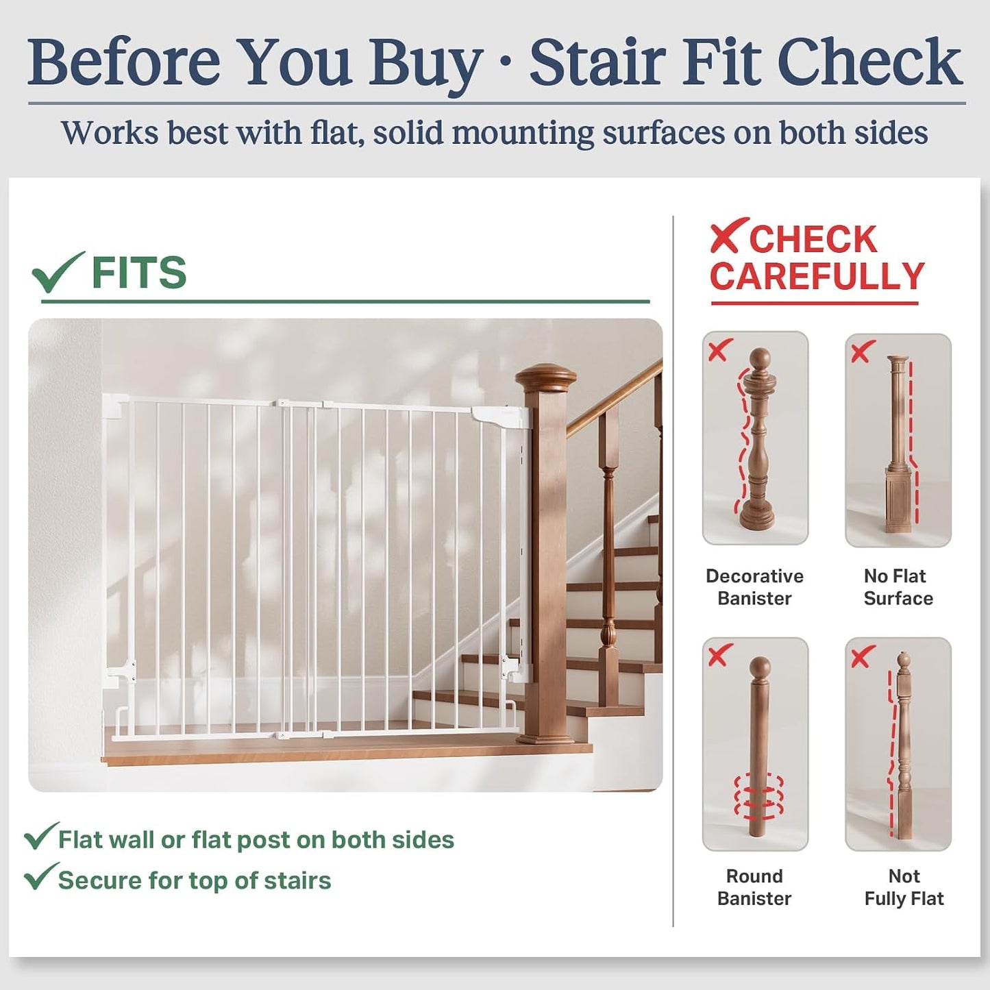 Cumbor 29.2–43" Baby Gate for Stairs, Hardware Mounted (Drill Required), Expandable No Bottom Bar Dog Gate, Auto Close Extra Wide Walk Thru, Pet & Toddler Proof Gate, Top & Bottom of Stairways (White)