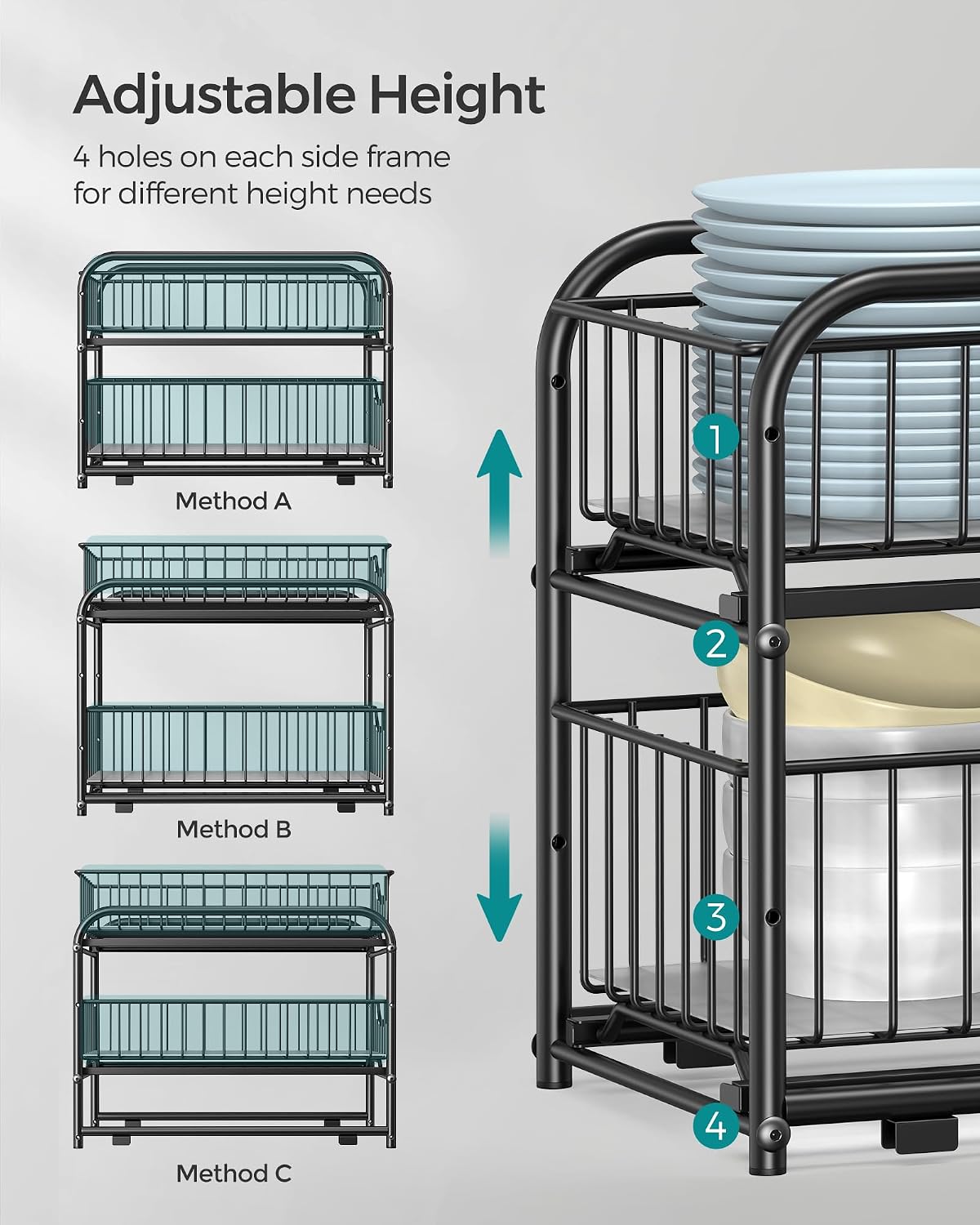 SONGMICS 2-Tier Pull Out Cabinet Organizers, Under Sink Organizer, Bathroom Organizer and Storage, Sliding Basket Drawers, Stackable for Kitchen, Bathroom, Metallic Silver UKCS017E01
