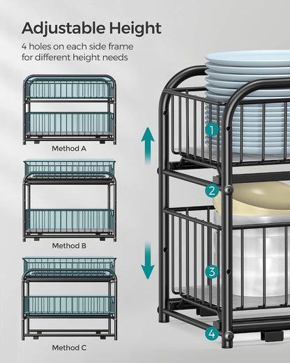 SONGMICS 2-Tier Pull Out Cabinet Organizers, Under Sink Organizer, Bathroom Organizer and Storage, Sliding Basket Drawers, Stackable for Kitchen, Bathroom, Metallic Silver UKCS017E01