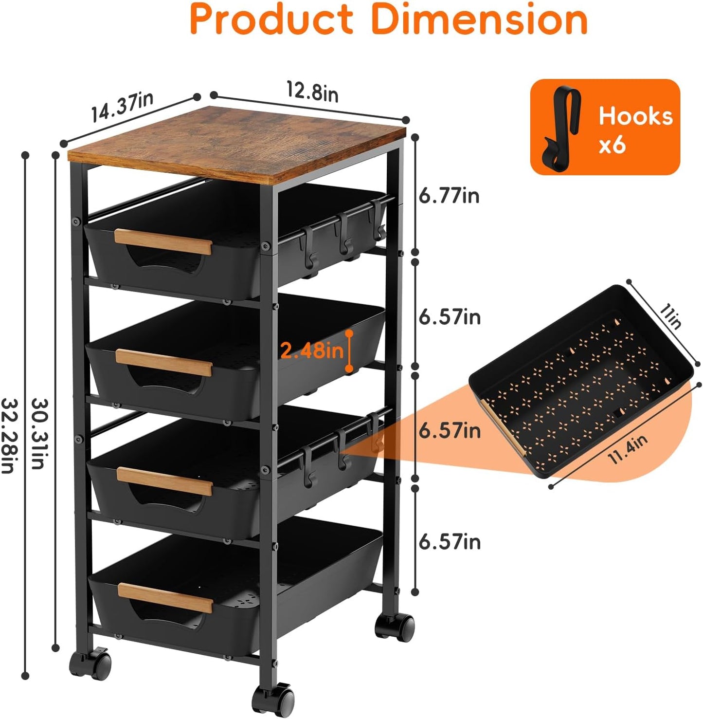 5-Tier Slim Storage Cart, Wooden Top Rolling Kitchen Cart with Pull-Out Baskets & Wheels, Narrow Space Utility Cart Slide Out Organizer for Kitchen, Bathroom, Laundry Room, White