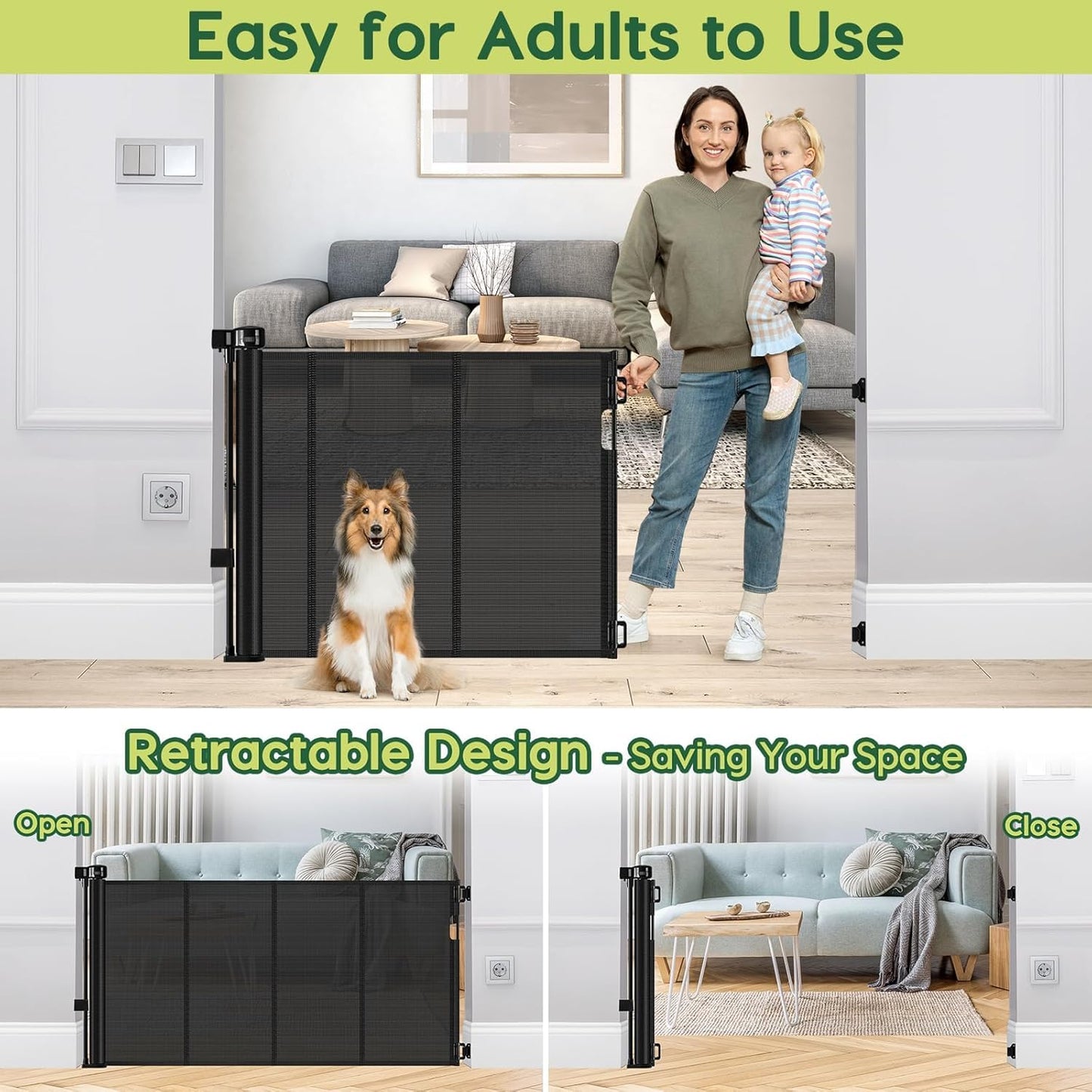Reinforced 55" Wide Retractable Baby Gates with Reinforced Strips, Indoor/Outdoor Retractable Dog Gate for Doorway Prevent Bottom Drilling Through, No Bottom Bar Safety Mesh Baby Gate for Stair, Black