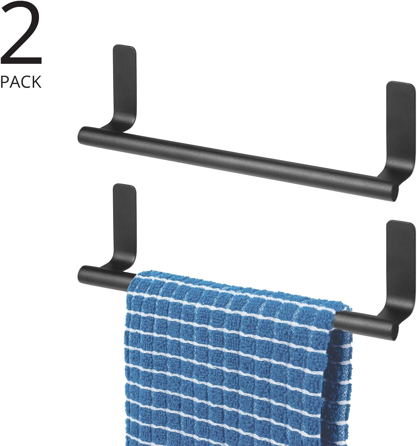 mDesign Steel Wall-Mounted Towel Rack Storage Holder - Self-Adhesive Space Saving Bar for Kitchen, Holds Hand and Dish Towels, Stick on Doors, Cabinet, Cupboard, Omni Collection, 2 Pack, Graphite Gray