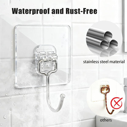 10-Pack Heavy Duty Adhesive Hooks, 33lb Max Load Transparent Sticky Hooks, Waterproof Traceless Wall Hooks for Kitchenware, Keys, Robe, Towel, Utensils & More