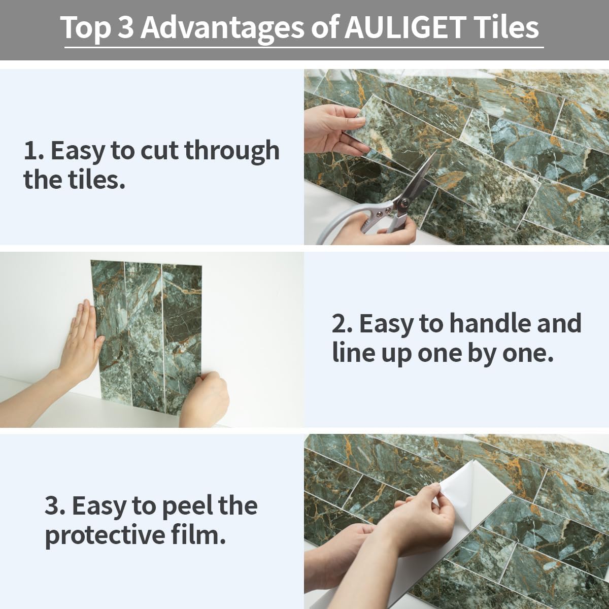 AULIGET 40-Piece Polished White Marble with Gold Peel and Stick Backsplash Wall Tiles, 3" x 12" PVC Faux Stone Stick on Tiles for Backsplash Kitchen, Bathroom, Laundry Room, Camper, Fireplace