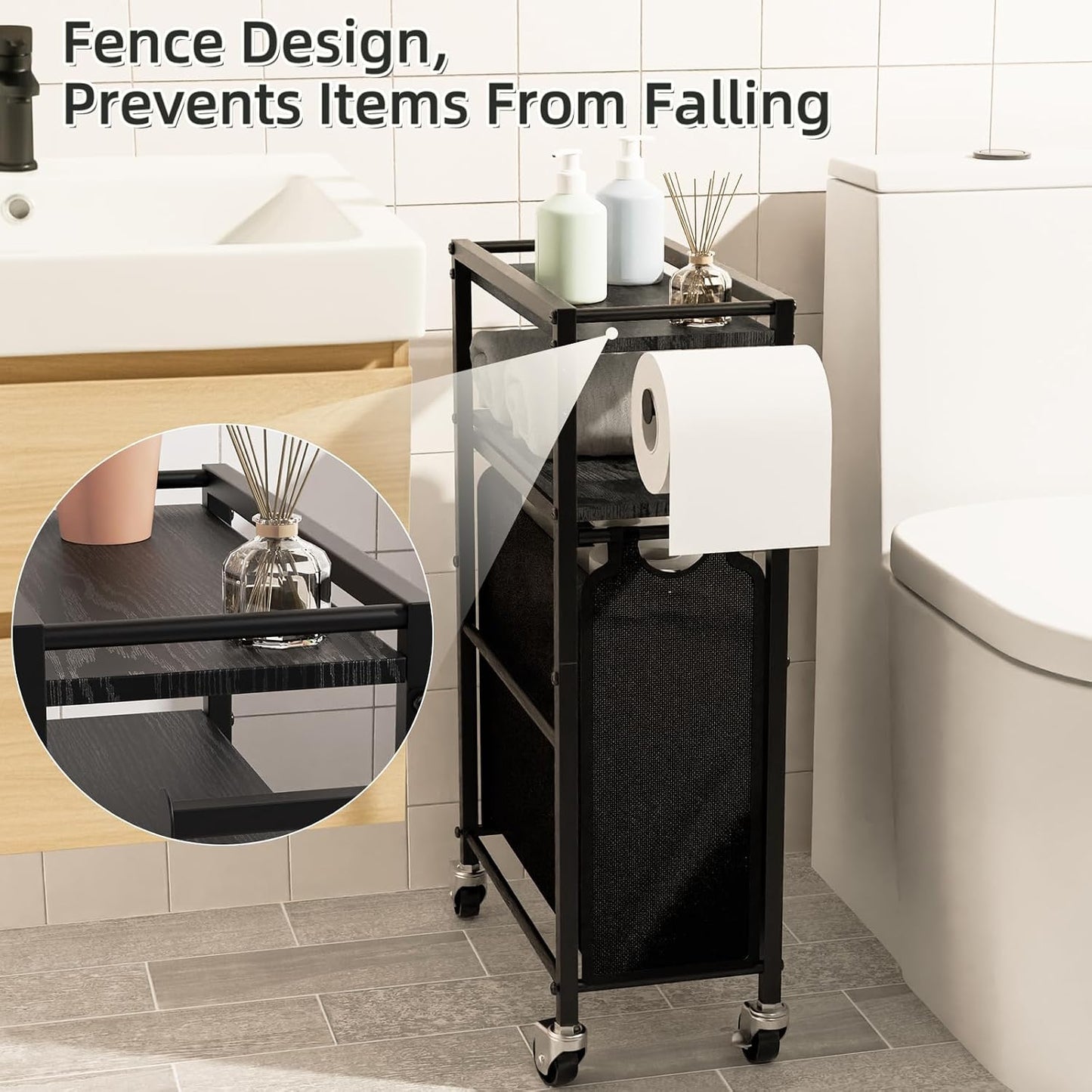 Toilet Paper Holder with Storage Bag & Wheels - Freestanding Bathroom Organizer Holds 9 Rolls for Small Spaces, Essentials Storage Beside Toilet-Brown