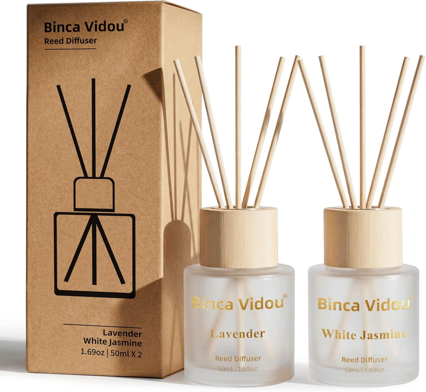 Reed Diffuser Set, Binca Vidou Lavender & Vanilla Natural Scent Oil Diffusers with Sticks for Home Office Bathroom Aromatherapy Decor 1.69oz x 2