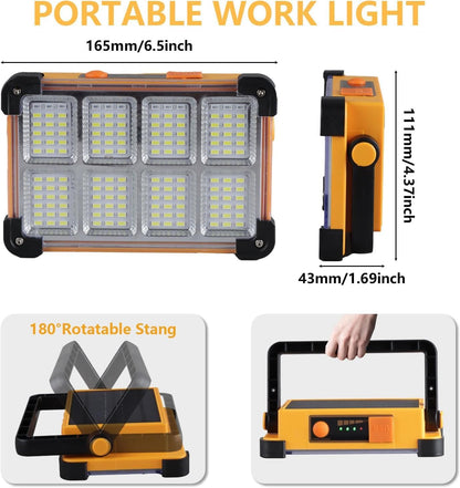 120W Solar Rechargeable Work Light, 144 LED 10000LM Portable Flood Light with Stand, IP66 Waterproof 4 Modes LED Job Site Lighting Flashlights for Mechanic Camping Fishing Car Repair