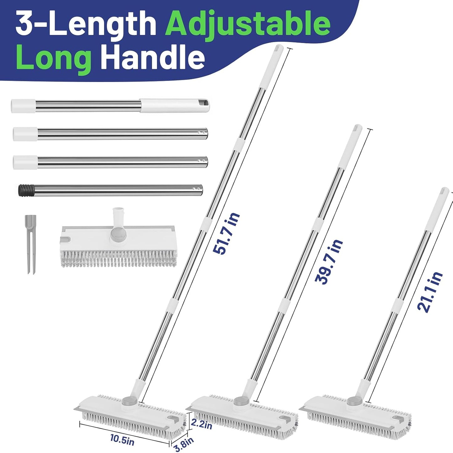 3 in 1 Floor Scrub Brush with Long Handle & Squeegee | Heavy-Duty, Adjustable, 360° Rotating Head for Cleaning Tile Bathroom Deck Kitchen Patio, Blue