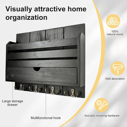 Brown Wall Key Rack Multi Hooks Entryway Storage Box | Entryway Wall Decor Key and Mail Rack, Functional Storage Solution for Bedroom, Office & Apartment