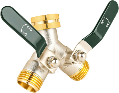 Hose Splitter 2 Way, Brass High Flow Garden Hose Splitter Heavy Duty, Hose Connector, Water Spigot Splitter, Full Flow Faucet Splitters with shutoff, 3/4” GHT Inlet