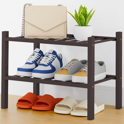Smiry Bamboo Shoe Rack, 3 Tier Free Standing Wooden Shoe Organizer, Stackable Wood Shoe Storage Shelf for Closet, Entryway, 12 Vertical Slats, 2+1 Stack Standard Legs, 26.8"x11"x19.5", Natural