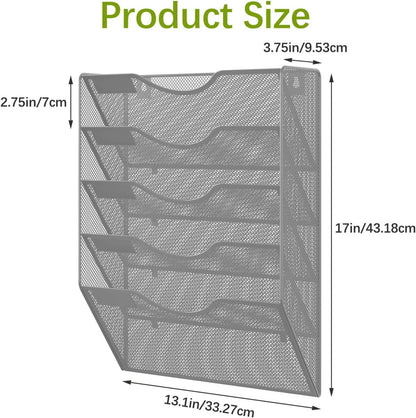 EasyPAG 5 Pocket Mesh Wall File Organizer with Key Hooks, Hanging Paper Folder Holder with Classify Label, Vertical Wall Mount Mail Organizer for Office Home Classroom, Black