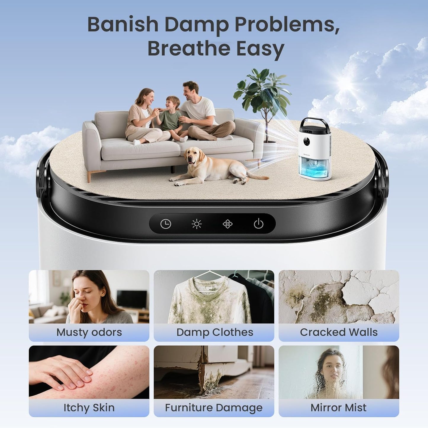 Dehumidifier for Home, Dehumidifiers for Bathroom, Bedroom, Living room, Closet with 68 OZ Water Tank, Moisture Absorbers, Auto Shut Off, Auto Humidity Control, 7 Colors LED Light, White