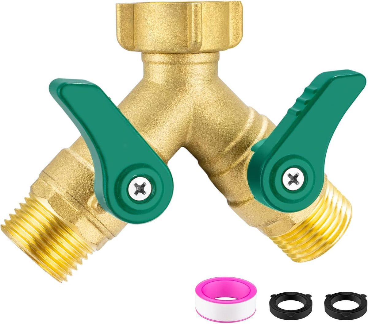 Garden Hose Splitter 2 Way, Heavy Duty Brass Hose Splitter, 3/4" GHT Hose Y Splitter with Shutoff, Full Flow Outdoor Faucet Splitter, Water Hose Y Valve Tap Adapter