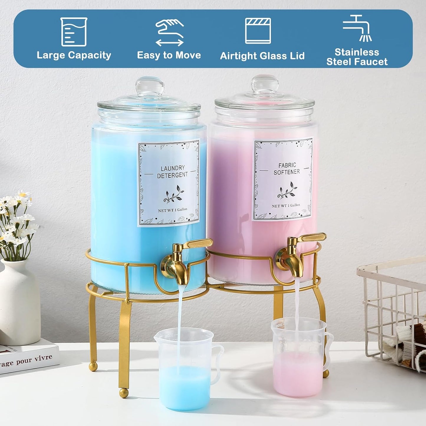 Glass Laundry Detergent Dispenser- 1 Gallon Glass Fabric Softener Dispenser with Leak-Proof Stainless Steel Faucet & Stand. Large Laundry Soap Container for Washer Room Organization &Storage