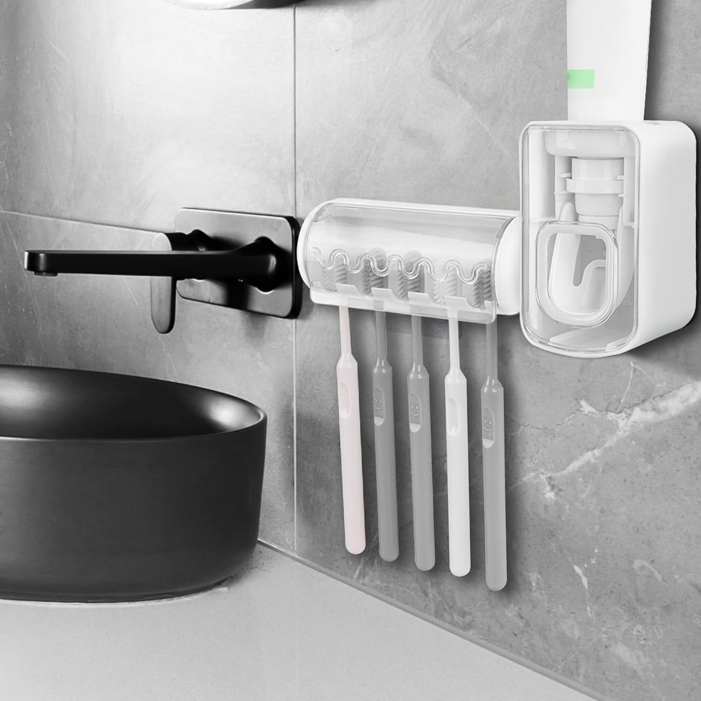 1 PCS Self Adhesive Toothbrush Holder with Cover for Bathroom, 5-Slot Wall Mounted Toothbrush Organizer Rack for Shower, Dorm, Cabinet