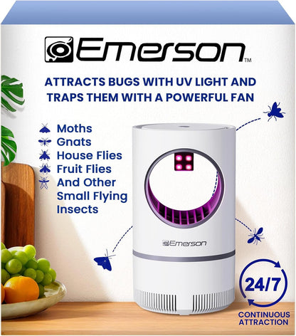 Emerson ITM8110 Indoor Portable Flying Bug Catcher with UV LED light & Fan Suction, 24/7 Mess Free Alternative for Catching Flies, Fruit Flies, Moths, Gnats & More - Includes 3 Replacement Glue Boards