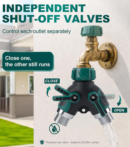Garden Hose Splitter 2 Way, Heavy Duty Metal Water Hose Y Splitter with Shut Off Valves - 3/4" GHT Outdoor Faucet Spigot Bib Splitter for Irrigation Systems, Garden, Lawn, RV & Pet Bathing