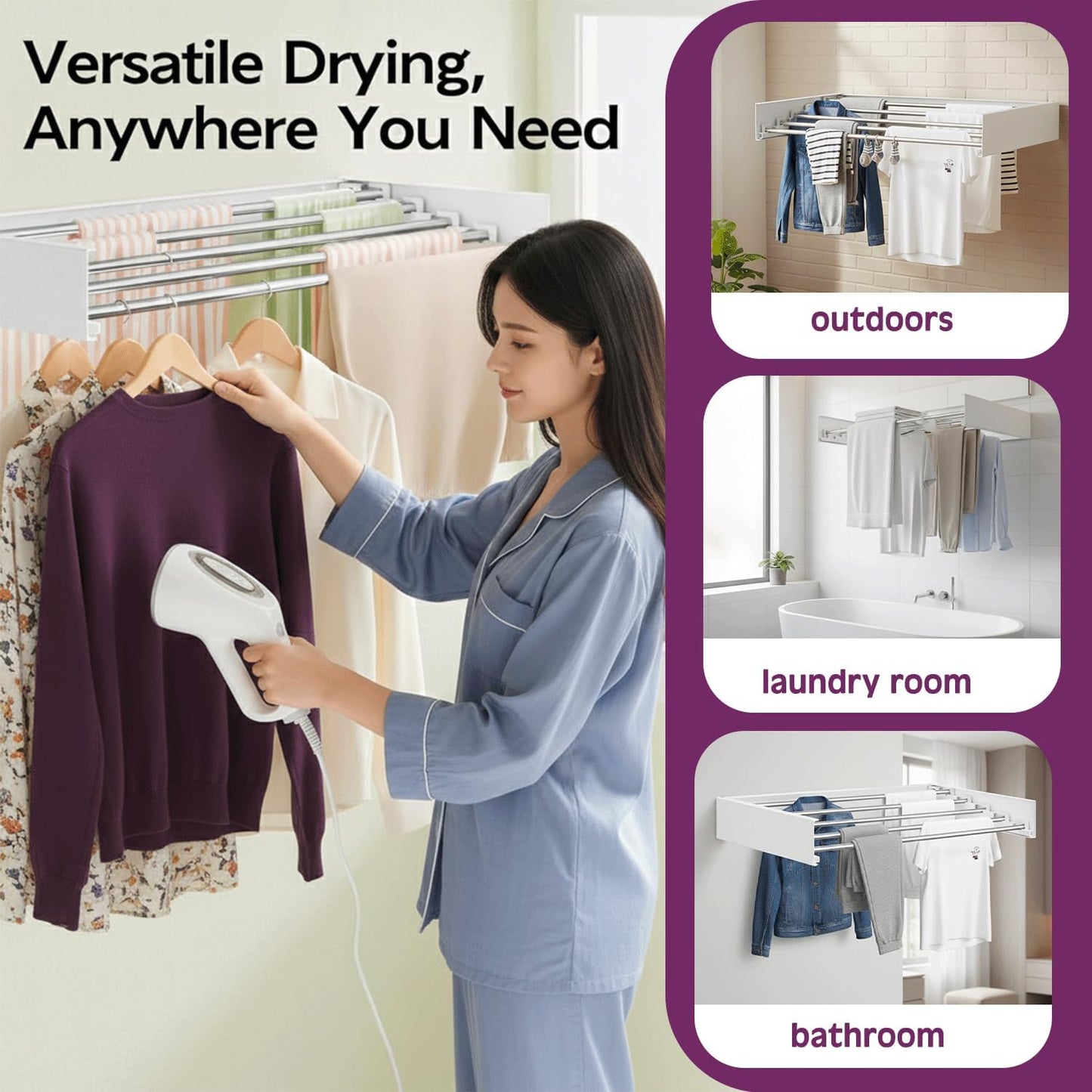 ECHOKRAFTS Wall Mounted Clothes Drying Rack, Foldable Wall Mount Laundry Rack Folding Indoor, Drying Rack Clothing Collapsible, Hidden Space Saver Cloths Drying Rack, Wall Drying Rack