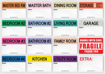 enKo - 2 x 3 Inch Extra Large Home Moving Packing Labels Stickers for Box - Color Coded for Boxes, Packing Box Fragile Stickers (800 Labels, 4 Bedroom House)