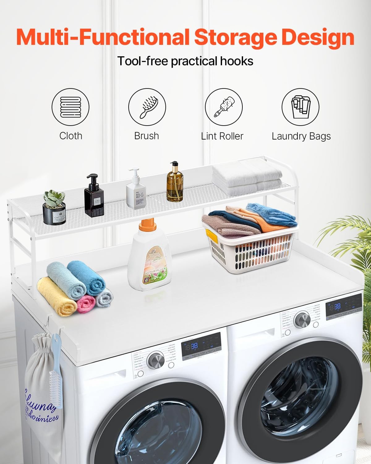VEVOR Washer Dryer Countertop with 2-Tier Shelf, 54" x 27" Wooden Washer and Dryer Countertop with Anti-Slip Pads, Water-Resistant Laundry Topper Cover for Laundry Room Organization and Storage, Black