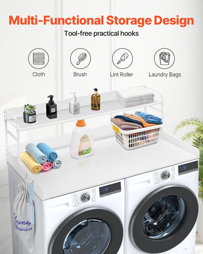 VEVOR Washer Dryer Countertop with 2-Tier Shelf, 54" x 27" Wooden Washer and Dryer Countertop with Anti-Slip Pads, Water-Resistant Laundry Topper Cover for Laundry Room Organization and Storage, Black