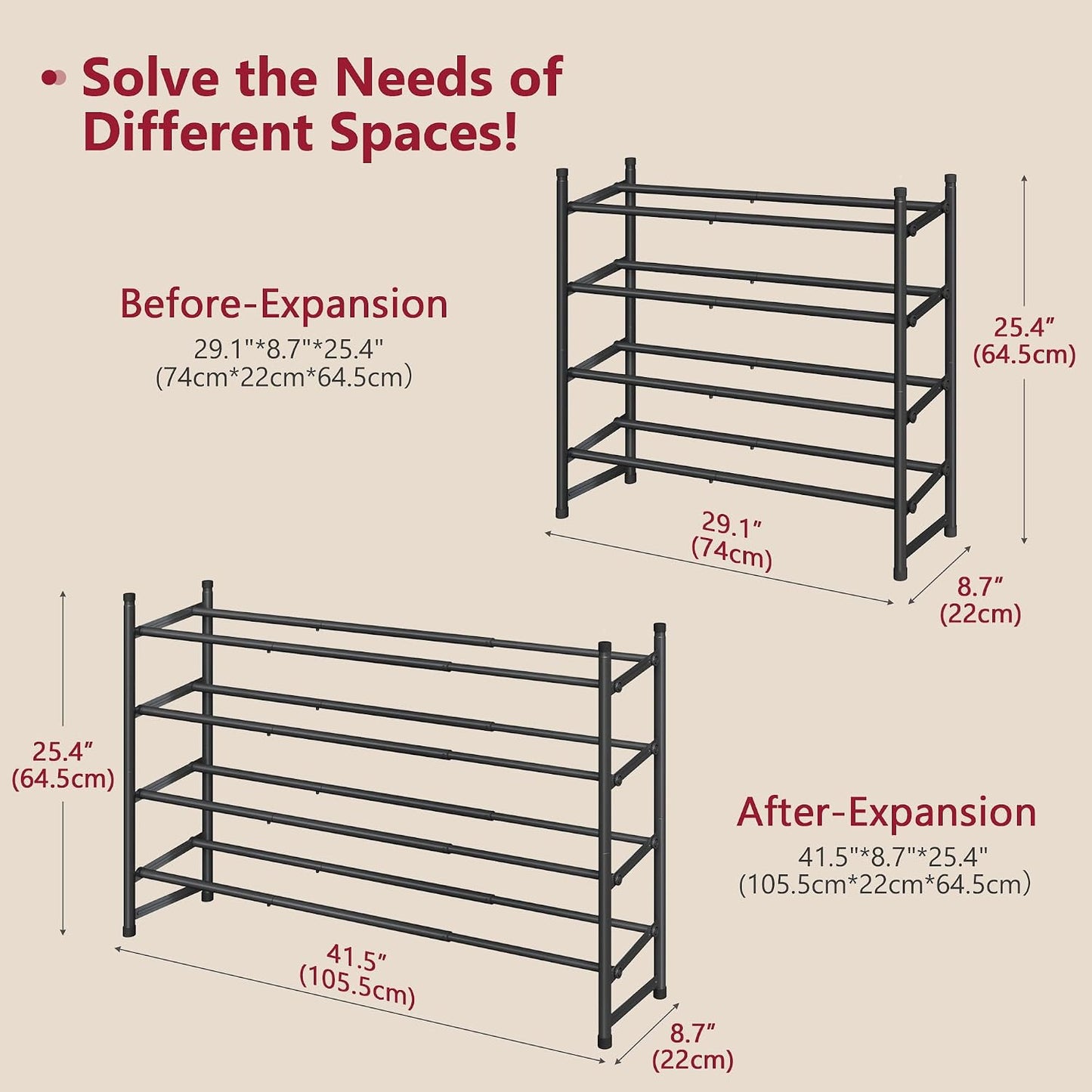 Tajsoon Expandable Shoe Rack for Closet 3 Tier, 28“-41“Adjustable & Stackable Shoe Shelf Storage, Metal Shoe Rack Organizer for Front Door Entrance, Closet, Garage, Entryway, Black