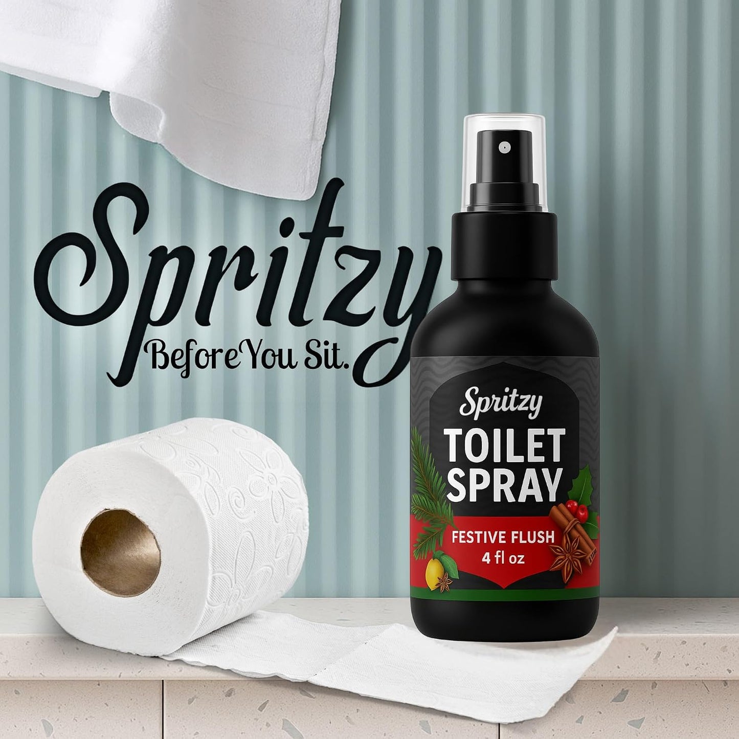 Toilet Spray (4 fl oz) | 600+ Sprays | Poo Spray w/Many Scents – Restroom & Bathroom Odor Eliminator – Essentials for a Fresh, Confident Bathroom (Festive Flush)