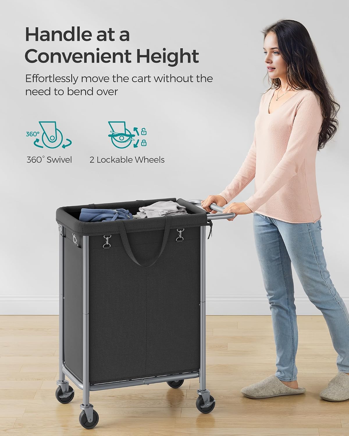 SONGMICS Laundry Basket with Wheels, 3-Section Rolling Laundry Hamper, 52.8 Gallons (200 L), Removable Liner, Steel Frame with Handle, 35.8 x 15.4 x 31.9 Inches, Cream White URLS005W01