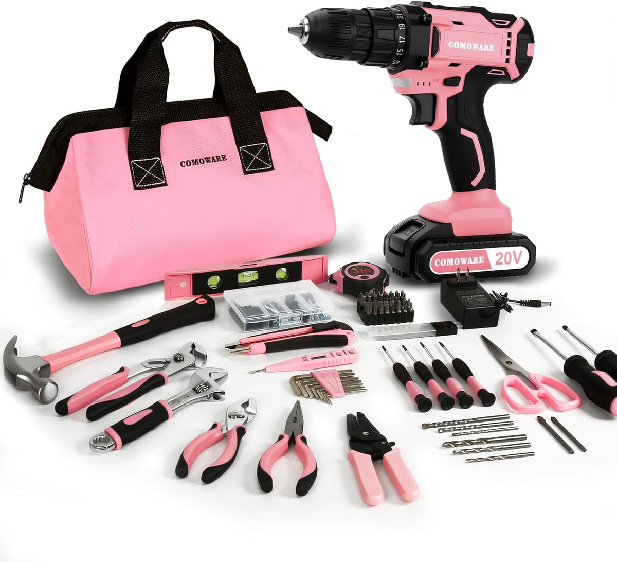 COMOWARE Household Tool Set with 20V Cordless Drill Driver, 120Pcs Hand Tool Kit for Men, Power Drill Set with Plastic Toolbox, Ideal for Office, Garden, DIY Project