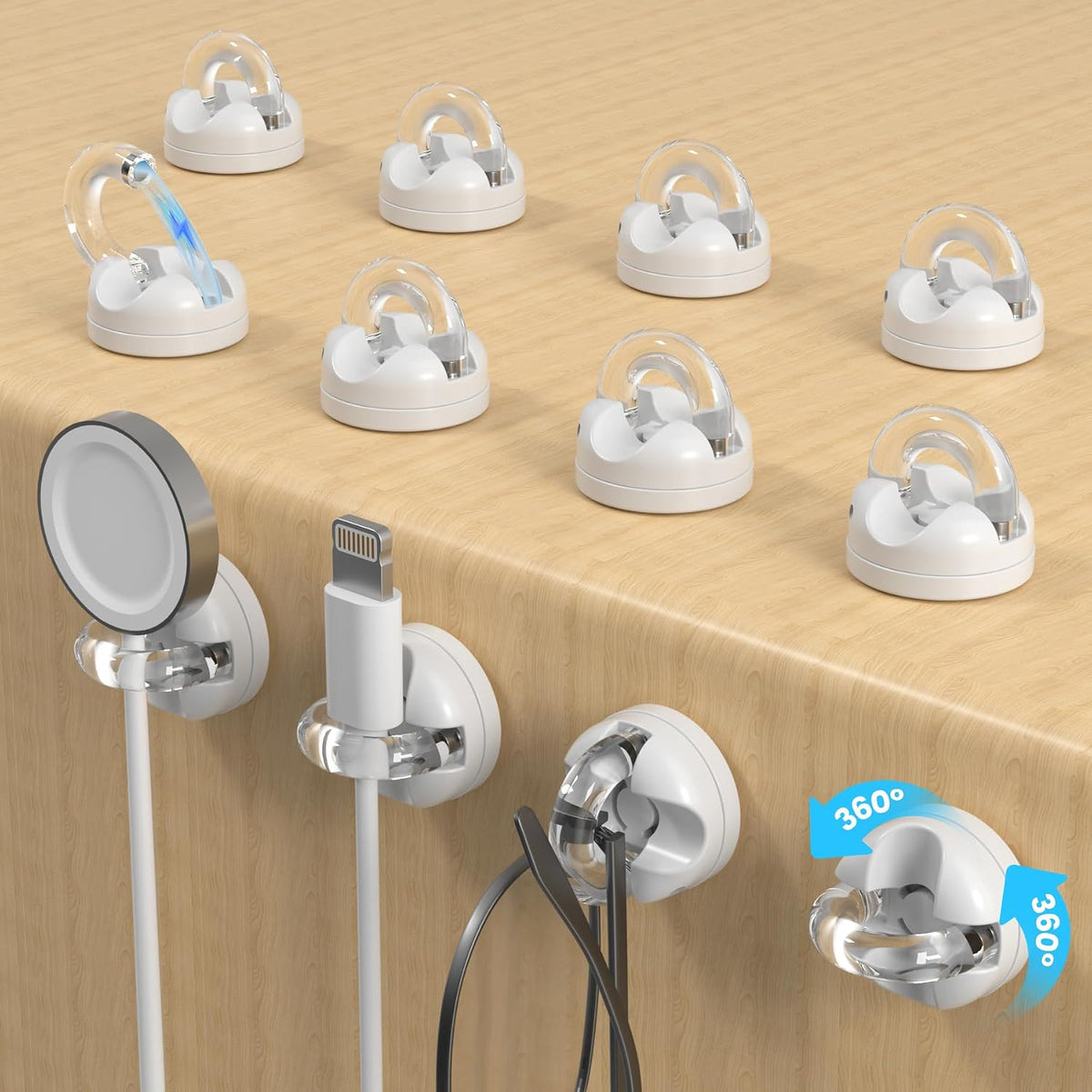 Rotatable Magnetic Cable Clips, Smooth Adjustable Cord Holder, Under Desk Cable Management, Adhesive Charging Wire Holder Keeper Organizer for Office Nightstand Wall (Black)