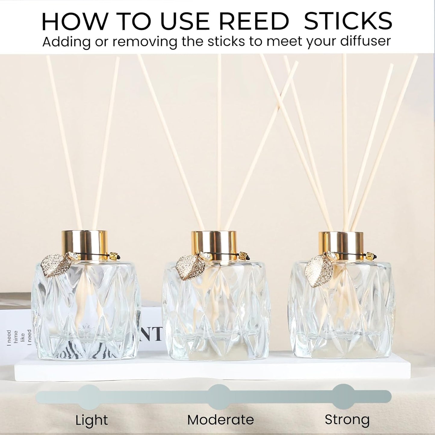 4-Piece Reed Diffuser Set with Metal Golden Decoration, 3.5-4.2oz Empty Bottles and 20 Reed Sticks, Unique Design for Home and Office (4 Different Bottles)