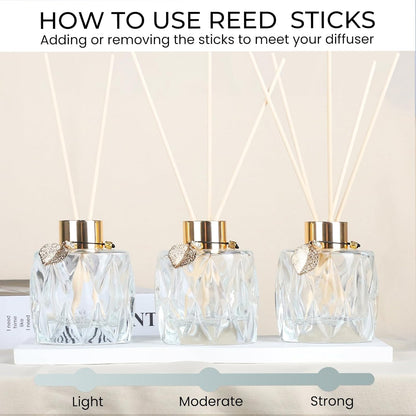 4-Piece Reed Diffuser Set with Metal Golden Decoration, 3.5-4.2oz Empty Bottles and 20 Reed Sticks, Unique Design for Home and Office (4 Different Bottles)