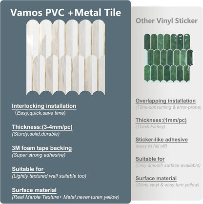 Vamos Peel and Stick Backsplash Seamless Tile for Kitchen and Bathroom,White and Beige Slate PVC Mixed Light Gold Self Adhesive Fish Scale Metal Mosaic Tiles (10 Sheets)