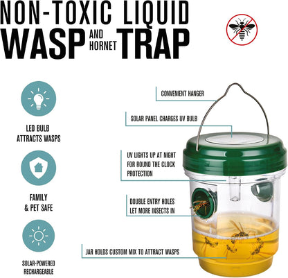 Brookstone Non-Toxic Liquid Wasp & Hornet Trap – Solar Powered Rechargeable LED Bulb, Eco-Friendly Wasp & Hornet Catcher for Gardens & Patios