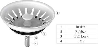 KANARY Kitchen Sink Basket Strainer Replacement for Standard Drains (3-1/2 Inch) Stainless Steel Body with Rubber Stopper (Pack of 2, Stianless Steel)