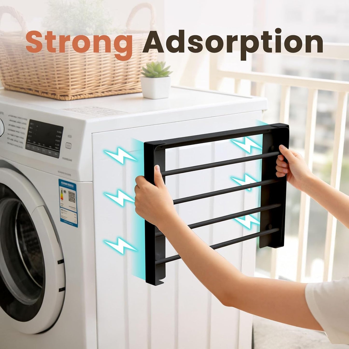 Foldable Wall Mounted Clothes Drying Rack,Space-Saving Laundry Drying Rack, Magnetic & Punch-Free Retractable Hanging Rack with 4 Drying Bars, Heavy-Duty Fold Down (Black)