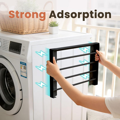 Foldable Wall Mounted Clothes Drying Rack,Space-Saving Laundry Drying Rack, Magnetic & Punch-Free Retractable Hanging Rack with 4 Drying Bars, Heavy-Duty Fold Down (Black)