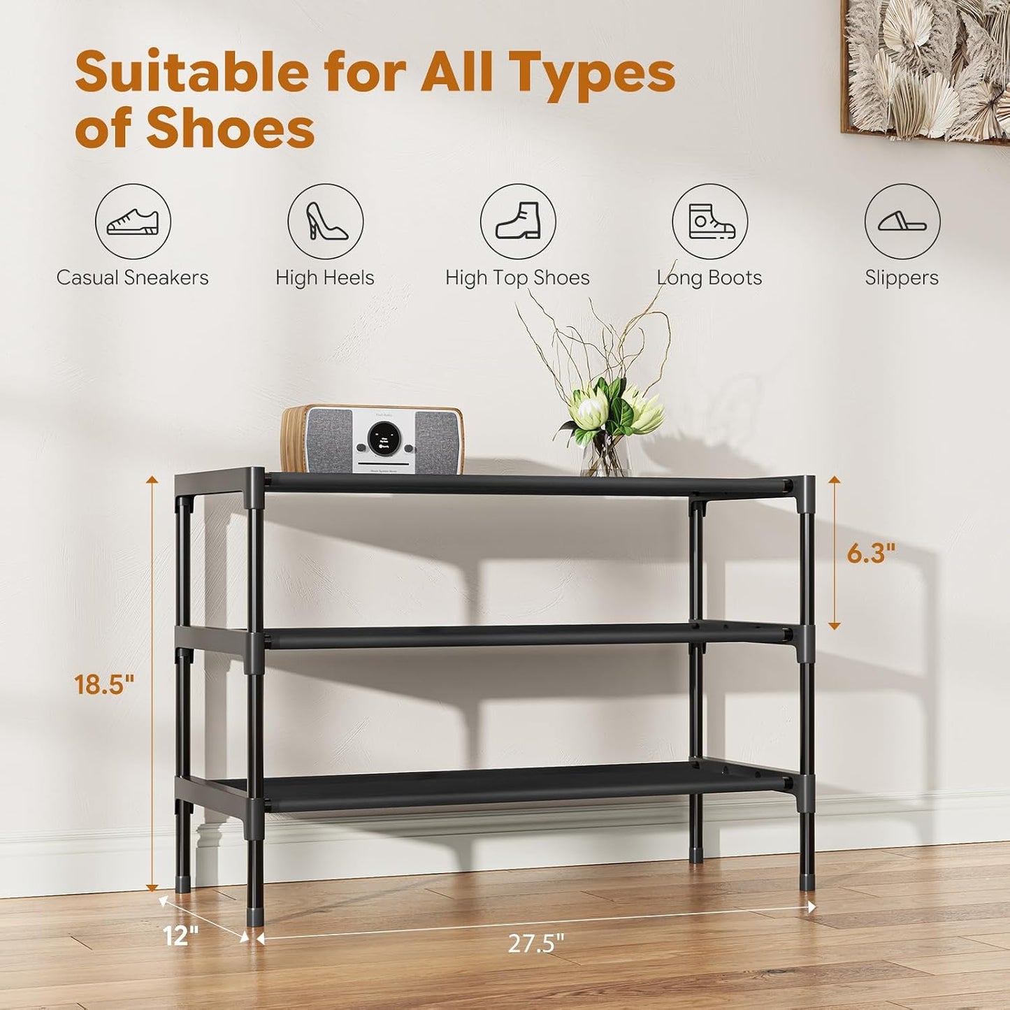 Simple Trending 3-Tier Stackable Shoe Rack, Expandable & Adjustable Shoe Shelf Storage Organizer, Wire Grid, Black
