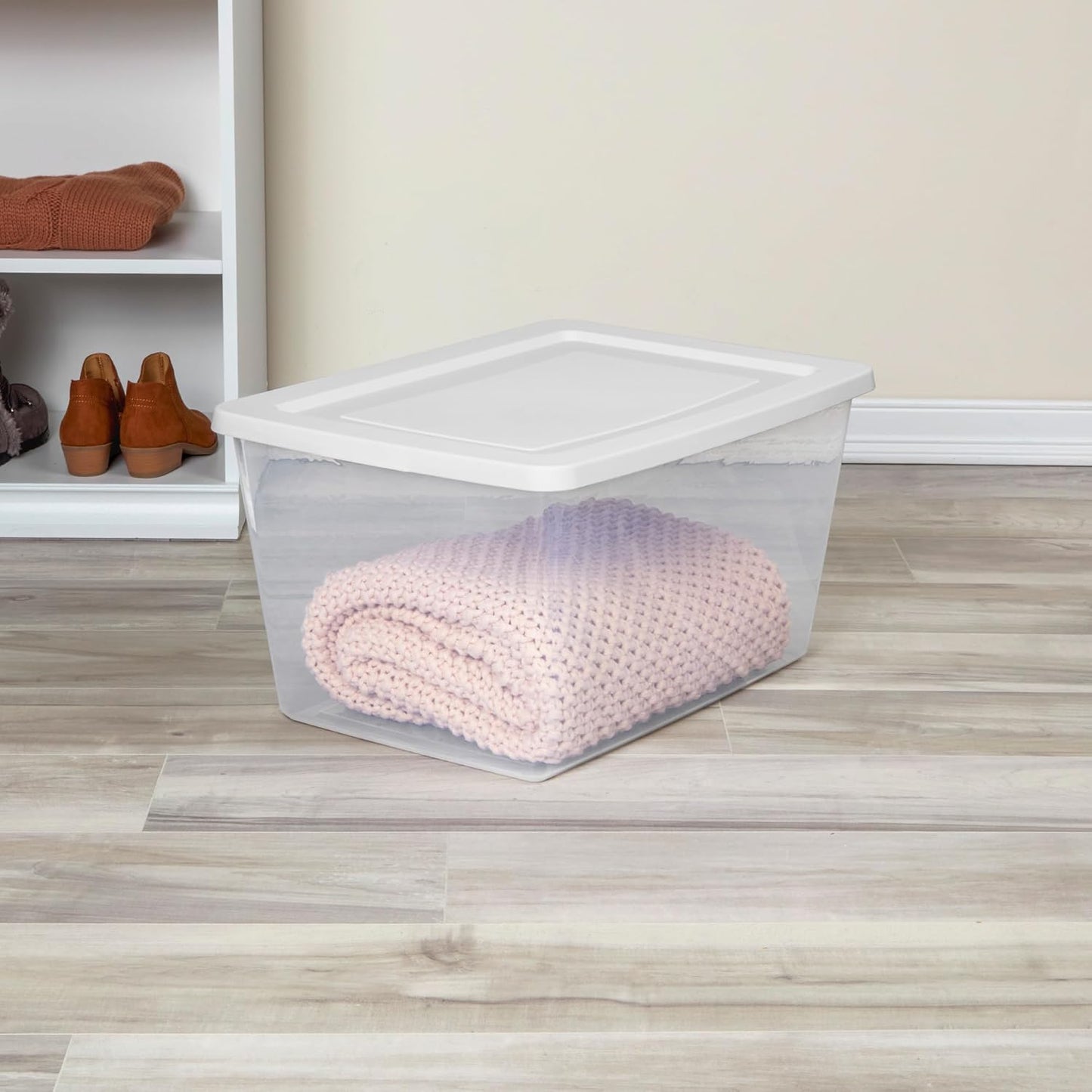 Sterilite 6 Pack Storage Box, 41 Quart Stackable Tote, Clear Plastic Container with Secure Snapping White Lids for Home and Office Organization
