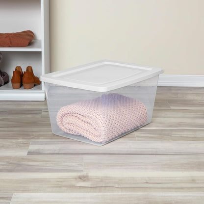 Sterilite 6 Pack Storage Box, 41 Quart Stackable Tote, Clear Plastic Container with Secure Snapping White Lids for Home and Office Organization