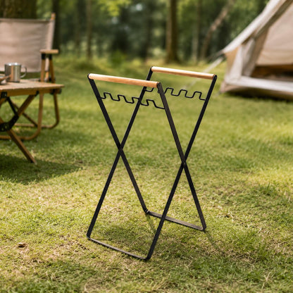 Metal Folding Trash Bag Holder with Wooden Handles, Portable Rubbish Stand for 30-45 Gallon Bags, Heavy Duty Refuse Sack Frame Garbage Holder for Garden Waste, Camping and RV