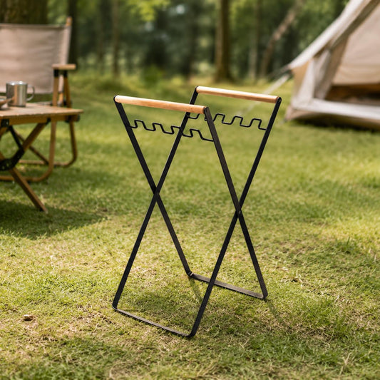 Metal Folding Trash Bag Holder with Wooden Handles, Portable Rubbish Stand for 30-45 Gallon Bags, Heavy Duty Refuse Sack Frame Garbage Holder for Garden Waste, Camping and RV