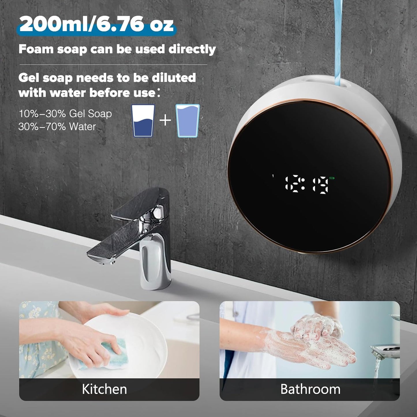 Automatic Soap Dispenser Foam Bathroom: Wall Mount Rechargeable Touchless Adjustable Auto Smart Electric Plastic Black Foaming Soap Dispenser with Clock - Kitchen - Hand Dish Lotion Couple Kids