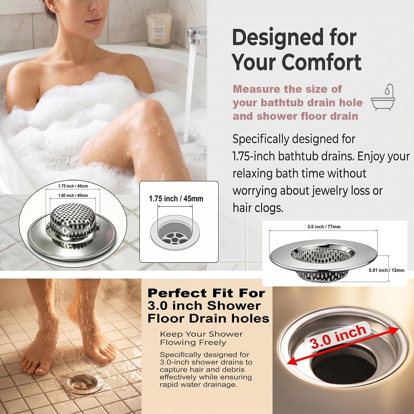 Seatery Bathtub Drain Strainers, Tub Drain Hair Catcher, Stainless Steel Bath Drain Cover Basket, Outer Diameter 3.0 inch/7.7cm, Inner Diameter 1.60 inch/4.0cm, Pack of 2